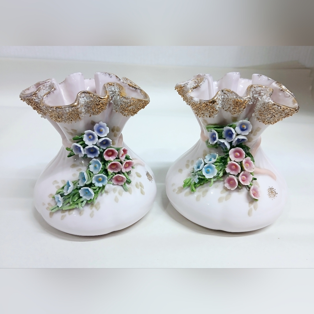 Vintage Floral Ceramic Vases with Gold Accents